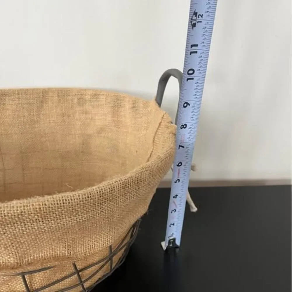 Large wire storage basket with burlap liner